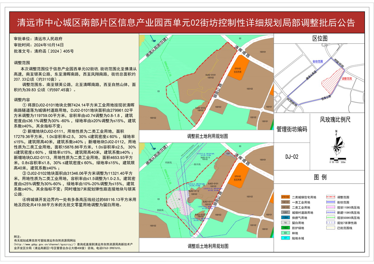 《清遠市中心城區(qū)南部片區(qū)信息產(chǎn)業(yè)園西單元02街坊控制性詳細規(guī)劃局部調(diào)整》批后公告---s.jpg